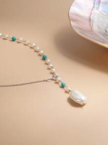 1pc 925 Sterling Silver Natural Pearl & Turquoise Women Necklace, Long Sweater Chain - White - View 5
