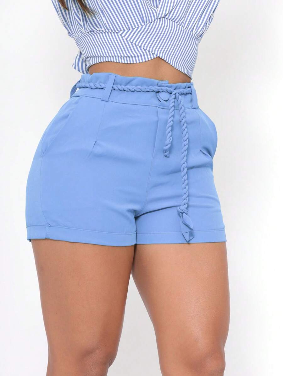 WOMEN'S TAILORED SHORTS IN LIGHTWEIGHT, REINFORCED FABRIC WITH FOLDED EDGE AND BODY-FORMING BELT - 淺藍色 - 查看 1