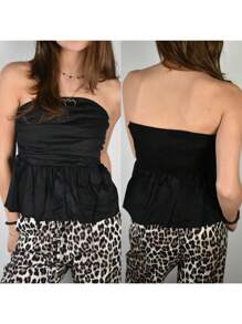 Women's Summer Slim Tube Tops Solid Color Bandeau Ruched Low Cut Peplum Tops For Party - Black - View 2