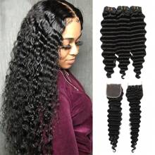 Extensões de Cabelo Humano Pacotes de Ondas Profundas com Fechamento, 3 Pacotes com Fechamento de Renda Transparente 4x4 Parte Livre, Pacotes de Cabelo Humano Onda Profunda com Fechamento