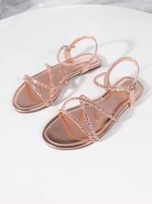 Sandalias de mujer con punta abierta, con strass en color champán, sandalias planas de verano de color liso con punta abierta y correa de tobillo, cómodas
