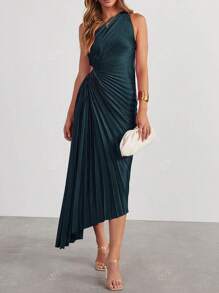 Elegantes Cocktailkleid mit geraffter asymmetrischer Schulter und Glockenrock Einfarbig, Partykleid