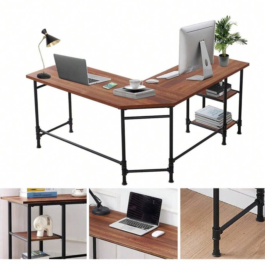 60" L Shaped Computer Desk With 2 Storage Shelf Sturdy Home Office Corner Desk