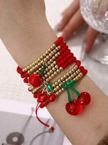 1pc Valentine's Day Y2K Creative Fashion Elegant Multi-Layer Resin Copper Cherry Strawberry Beaded Pendant Woven Bracelet Maas Red Lady Husband And Wife Sisters Couples Jewelry Gifts, Suitable For Daily Gifts Party Date Party Festival Wear Red Jewelry Adjustable Size,Mom,Mother,Mother's Day,Gift
