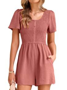 Womens Summer Short Sleeve Romper Casual Loose Button Smocked Dressy Shorts Jumper Jumpsuit Overalls 2025