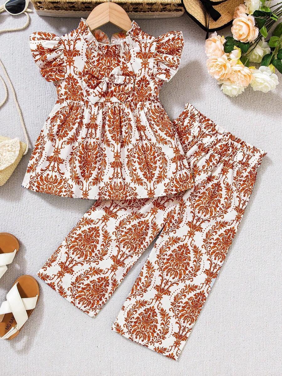 Young Girl Retro Botanical Print Bowknot 2pcs Set, Children's Floral Elegant 2pcs Outfit, Boho Chic Summer Suit, Suitable For 4-7 Years Old Girls, Spring/Summer - Brown - View 1