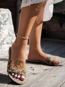Women's Asymmetrical Floral Embroidery Peep Toe Strap Beach Sandals, Comfortable Flat Bohemian Slides, Summer - Brown Flowers - View 4