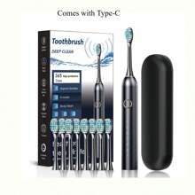 Escova de dentes elétrica preta elegante para adultos - recarregável por USB, limpeza profunda com cerdas macias, bateria de polímero de lítio de 600 mAh, cuidados bucais com 5 modos, inclui 4 escovas com fita + caixa de presente