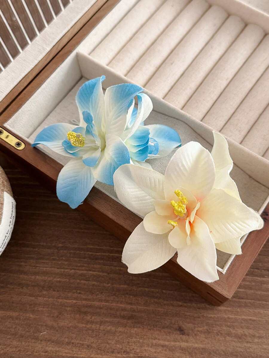 2pcs/1pc Women Blue & White 3.15in Tie Dye Imitation Flower Hair Clips, Fashion Elegant Minimalist Solid Color Side Hair Accessories Suitable For Daily Wear, Casual, Party, Commute, Vacation, Hairstyles Claw Clips Hair Claws Hair Barrettes, School Stuff, College, Vacation Outfits Woman, Head Accessories - Multicolor - View 1