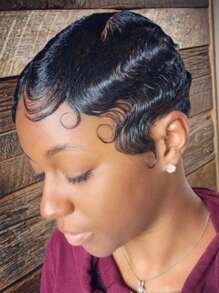 Black Finger Wave Human Hair Wig 4Inch Short Pixie Cut Wigs Brazilian Virgin Human Hair Wigs Finger Ocean Wave Wig Mommy Hair For Women