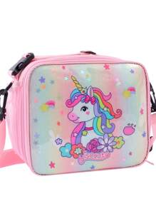 Cartoon Unicorn & Butterfly Lunch Bag, Kids Crossbody Bento Box Bag, Transparent Sequin Handbag Food Container - Pink - View 13