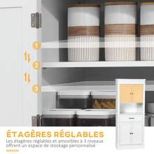 HOMCOM Armoire de cuisine buffet cuisine vaisselier meuble de rangement style moderne avec placards, étagères réglables, tiroir, et niche, pour salle à manger, salon, 74 x 39,5 x 183 cm, blanc - Blanc - Voir 5