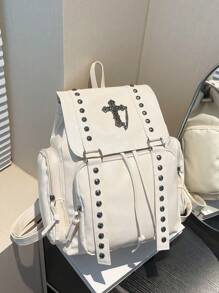 Original Handmade Y2K Soft Leather Subculture Backpack With Dark Cross Chain, Commute Bag, School Backpack - White - View 2