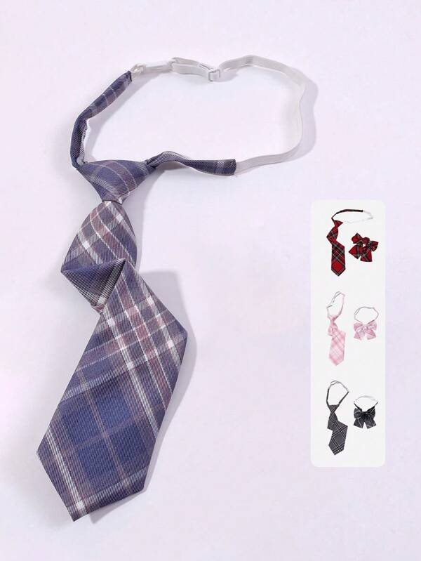 1pc JK Conjunto de gravata xadrez e gravata borboleta, acessórios de uniforme escolar ajustável com clipe, gravata listrada para estudantes