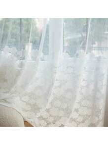 1pc White American Country Floral Semi-Sheer Curtain, Camellia Woven White Voile Sheer Panel For Living Room, Bedroom, Balcony, Hotel Decor, Without Track Or Curtain Rod