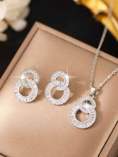 1set/3pcs New Roman With 8-Shaped Numeral Earrings Silver Color Luxury Cubic Zirconia Necklace Earring Set Female Charm Jewelry Gift For Daily Wear And Festivals