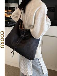 Casual Commuting Large Handbag For Women, New Design Double Sided Denim Tote Bag Shoulder Armpit Large Capacity Plaid Bag