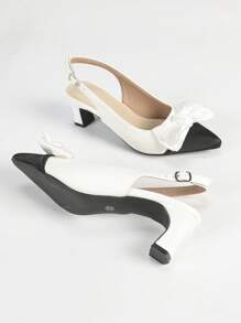 Zapatos de tacón alto de moda para mujer, combinación negro y blanco con material de satén, elegante y sexy para boda, fiesta, lindo tacón de bloque con punta abierta y lazo