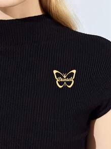 1PC Customizable Butterfly Name Brooch, Gold Plated Stainless Steel Fashion Pin, Retro Hip Hop Style, Suitable For Four Seasons Daily Wear, Ideal Valentine's Day Gift, Fashion Jewelry Accessories, Simple, Cute, Suitable As A Gift - Multicolor - View 2