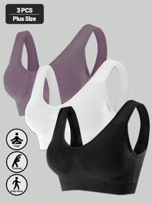 3pcs Women's Sports Bras Set, Plus Size Solid Non Padded Seamless Running Versatile Bralette,Yoga And Trainning