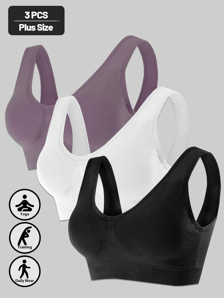 3pcs Women's Sports Bras Set, Plus Size Solid Non Padded Seamless Running Versatile Bralette,Yoga And Trainning