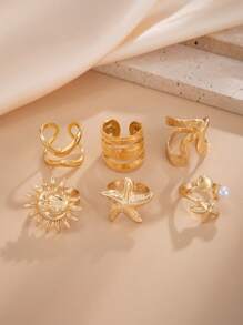 Set de 6 anillos de metal dorado vintage punk con elementos multicomponentes, decorados con elementos marinos como conchas, estrellas de mar y perlas falsas, se pueden usar solos o combinados, adecuados para atuendos diarios y de fiesta de la mujer, decoración de resort de playa, set de joyas de moda de verano