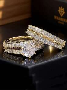 2 件/套双层奢华镂空镶嵌方晶锆石戒指，浪漫结婚戒指，新娘礼物，时尚珠宝礼物，适合女性