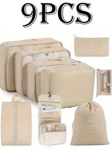 9件套旅行收纳套装：便携式收纳袋、多功能洗漱包、大容量化妆包、手提包、鞋袋、户外包、压缩袋、洗衣袋、瓶袋、内衣袋 - 彩色 - 查看 25