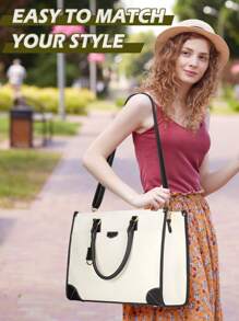 NEWHEY 15.6英寸女士笔记本电脑包，防水帆布工作包，轻便笔记本电脑公文包，专业女士商务办公包，旅行手提单肩包 - 黑色 - 查看 2