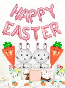15-delige Happy Easter-ballonnenset, inclusief 16-inch letterballonnen, konijnen- en wortelfolieballonnen, geschikt voor paasdecoratie, paasthema, verjaardagsfeestdecoratie, lentefeestthema