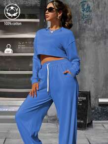 Ribbed Cotton Women's Long-Sleeved Sports Suit, College Style Spring And Summer New Two-Piece Set, Soft And Breathable Long-Sleeved Suit