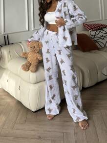 Nina Bonheur 两件套女士宽松纽扣小熊印花长袖上衣和松紧腰裤家居服套装，可爱家居服，秋冬服装 - 白色 - 查看 4