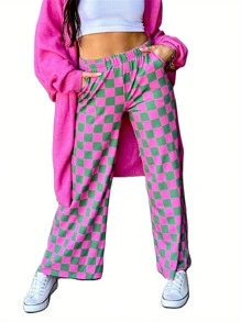 Women Wide-Leg Pants Checkerboard Elastic Waist Loose Trousers Spring Summer Casual Sweatpants Bottoms - Dưa hấu đỏ - Xem 5