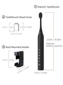 1 pieza Cepillo de dientes eléctrico negro, 6 cabezales de cepillo reemplazables, 1 soporte de pared, 1 cubierta antipolvo, IPX7 resistente al agua, 5 modos de limpieza, larga duración de la batería, cepillo de dientes eléctrico recargable por USB para adultos