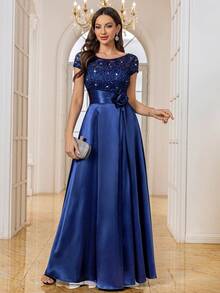MIUSOL Vestido de fiesta formal largo con volantes, bloque de color, encaje con lentejuelas y satén para boda y primavera - Azul Marino - Ver 5