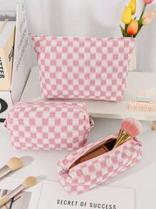 1 件粉色格纹化妆包学院风针织化妆包旅行盥洗包收纳袋可爱 DIY 化妆刷收纳袋粉色格子手柄化妆包可爱粉色铅笔盒 适合圣诞节礼物、朋友礼物、生日礼物、伴娘礼物 - 粉色 - 查看 2