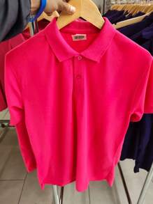 Playera Rosa para Hombre, Tipo Polo, Manga Corta, 2 Botones, Cuello Camisero, Cómoda, Suave, Fresca, Multi Combinable, Semi Formal, Polera Casual para Dama y Caballero Unisex Básica del Armario - Rosa - Ver 6