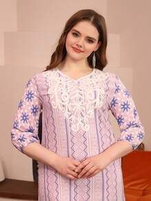 斋月 Jalabia 阿拉伯印花长袍，2025 年春夏古尔邦节优雅女士传统服饰 - 淡紫色 - 查看 6