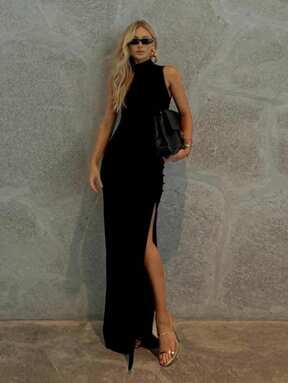 1 pezzo Abito estivo da donna aderente con scollo tondo, senza maniche, con spacco, elegante per festa di laurea, colore tinta unita