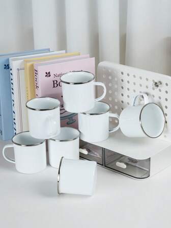 6 件，搪瓷杯，纯白色杯子，搪瓷露营杯套装，DIY 茶杯、咖啡杯和热巧克力杯，套装