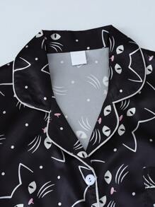 2 件套舒适黑色小猫翻领单排扣短袖口袋上衣和蝴蝶结短裤女式睡衣套装，适合家居服，春夏季，两件套 - 黑色 - 查看 3