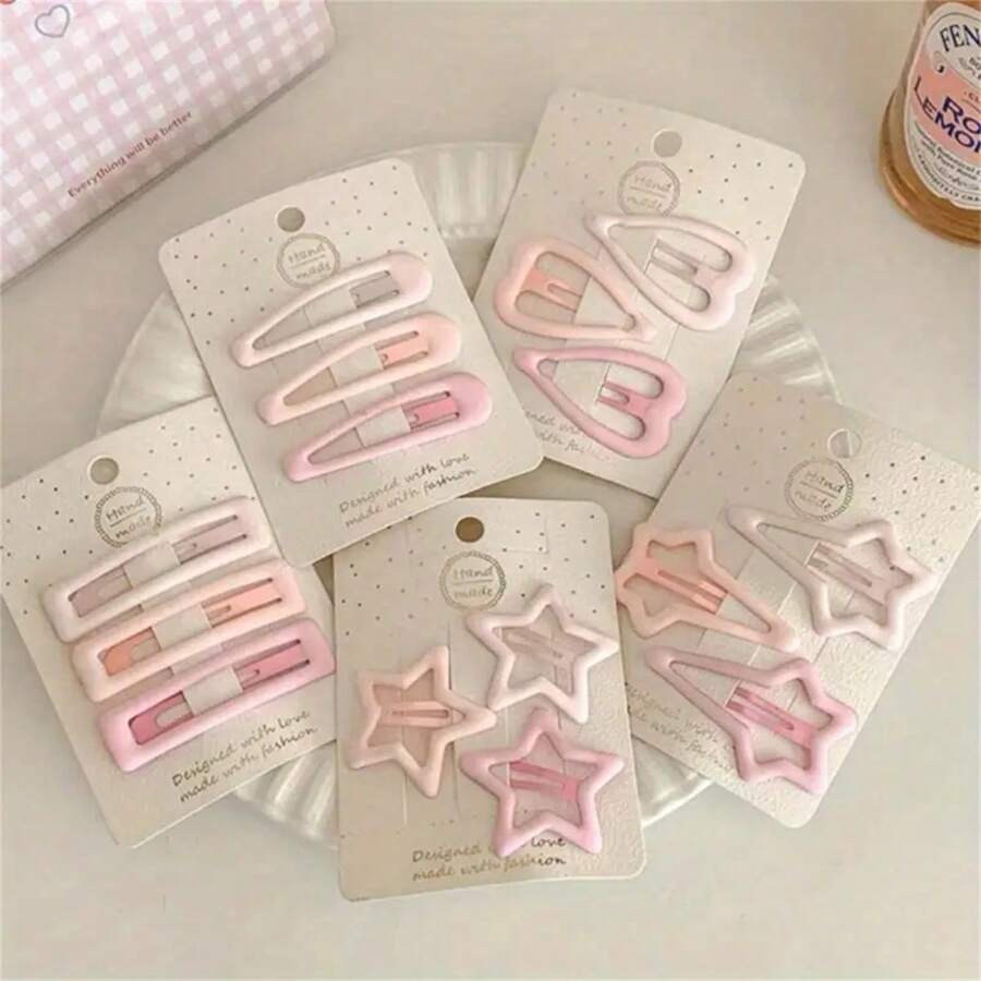 15pcs Ombre Matte Pink Hair Clips, Heart And Star Shaped Metal Hair Clips For Women, Elegant Daily Use, Multiple Styles, Lightweight, Packaged With Card (Can Be Purchased Individually), Hair Accessories