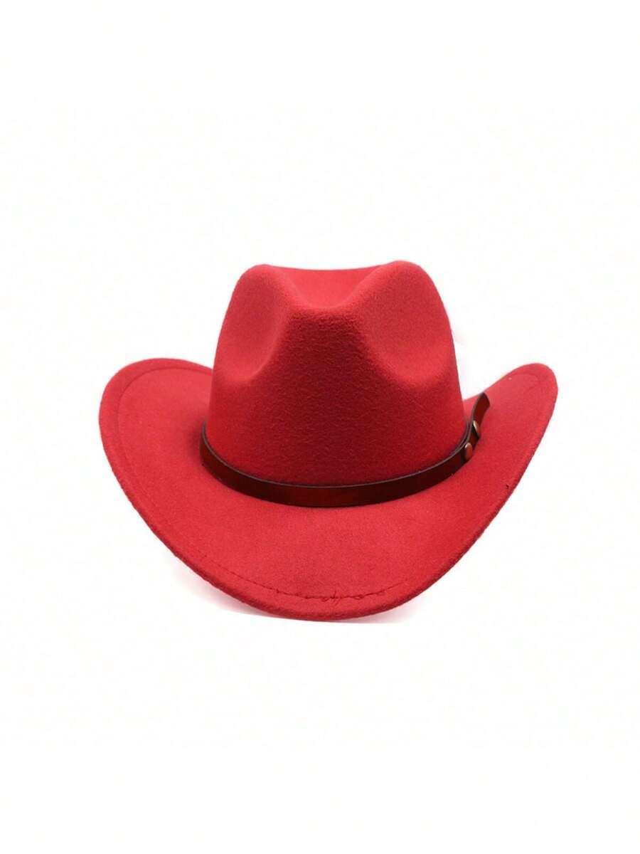 1pc Double Rivet Red Western Curled Brim Cowboy Hat, Decor Hat With Belt - Double Studded Leather Cowboy Hat - View 1