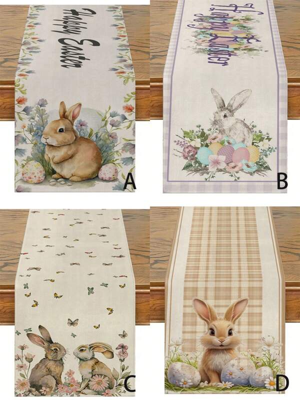 1 Stück Osterhase & Blumenmuster Tischläufer, Feiertagsdekoration, Küchen- und Esszimmertischdekoration, Wohnaccessoire für Frühling & Sommer