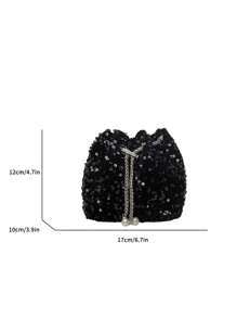 1pc Chain Drawstring Closure PVC Glitter Bucket Bag With Metal & Pearl Decor, Bling Glam Women Fashion Evening Party Shoulder Crossbody Cosmetic Clutch Gift