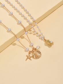 2 件海滩风格人造珍珠贝壳吊坠金项链，时尚珠宝颈链，适合日常佩戴和旅行度假，手工项链长度可定制作为礼物 - 仿珍珠+海螺 - 查看 4