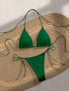 Bộ bikini dự tiệc PEPPERMOLLY mới, màu trơn, dây mảnh, kiểu đan chéo, hở lưng, thích hợp cho mùa hè đi biển, dành cho nữ, màu đen, thích hợp cho kỳ nghỉ. - Màu xanh lá cây đậm - Xem 3
