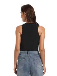 QGEMANWU Women's Ribbed Racerback Tank Top - Sleeveless High Neck Fitted Casual Basic - 黑色 - 查看 2