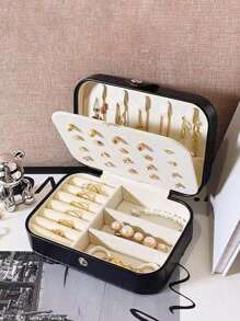 1 pièce Boîte de rangement pour bijoux rectangulaire en PU, boîte d'organisateur de bijoux portable, plateau de maquillage de vanité, boîte d'affichage de bijoux de voyage pliable à plusieurs compartiments, boîte-cadeau pour bijoux, style minimaliste à rabat, grande capacité, convient pour les bagues, colliers, boucles d'oreilles, montres, rouges à lèvres, etc., accessoires de chambre, fournitures de voyage en plein air, avec fermeture à bouton de sécurité, style international élégant, convient pour les voyages et l'utilisation domestique, cadeau idéal pour les filles