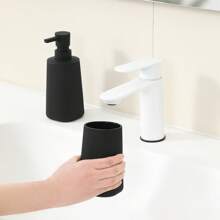 2pcs Matte Black Striped Bathroom Set - Soap Dispenser & Toothbrush Holder, Minimalist Luxury Style, Suitable For Bathroom Countertop